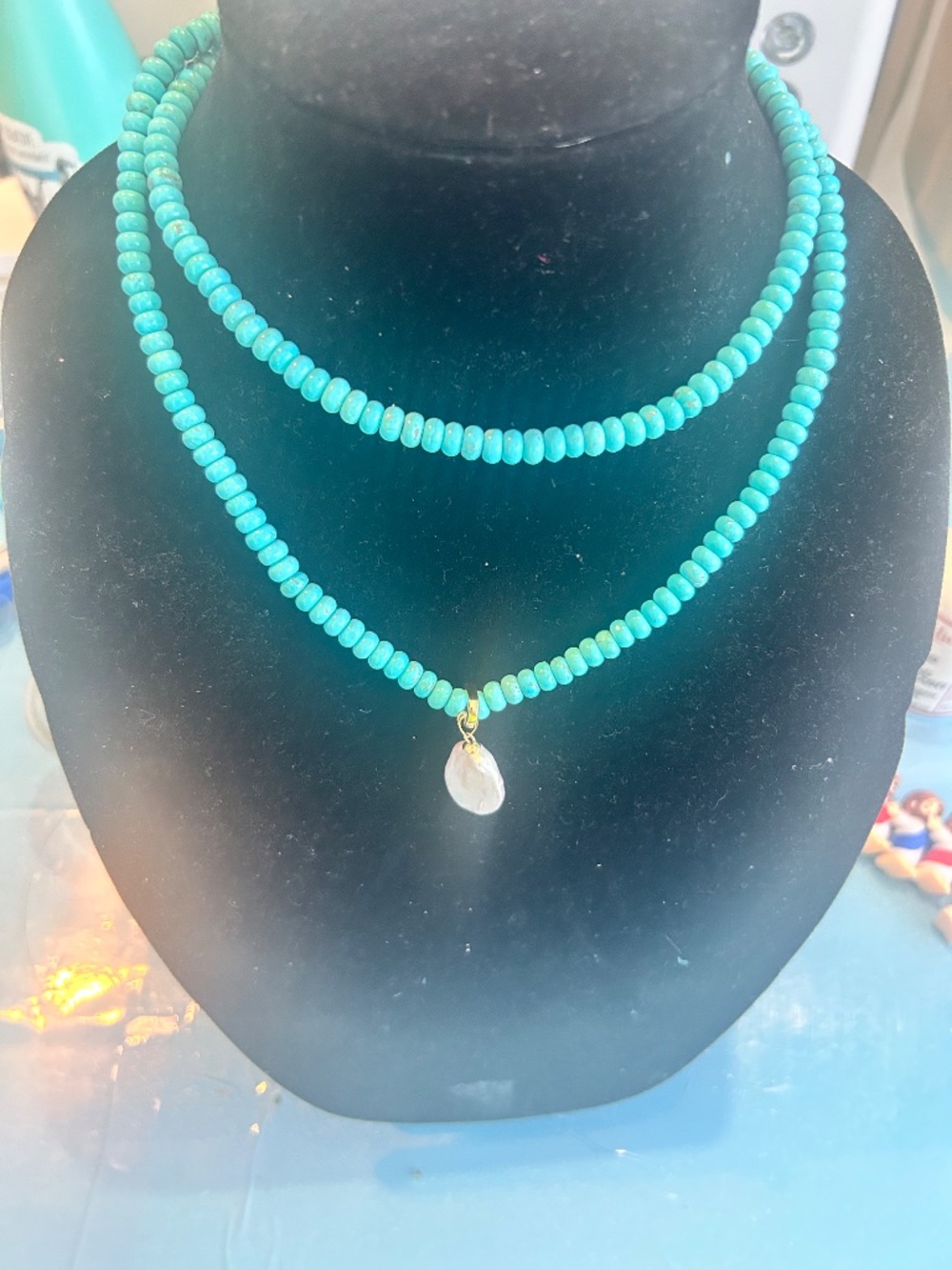 Turquoise beaded necklace with Real natural white freshwater  Baroque Pearl